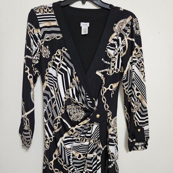 Cache Faux Wrap Dress Size M Chain Pearl Print Black Deep V Stretch 3/4 Sleeve - Picture 2 of 10